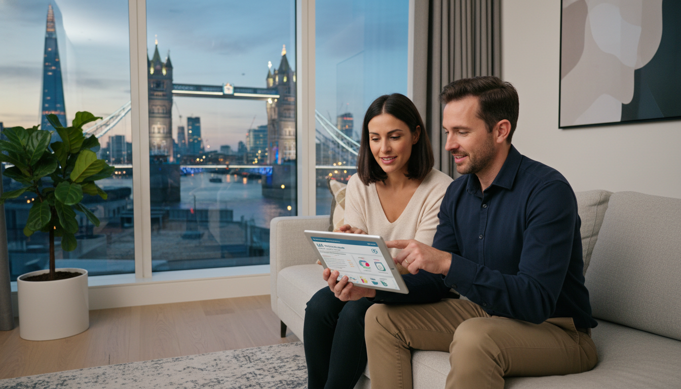 A professional expat couple in a modern London apartment, looking at a digital tablet together with a background view of the Tower Bridge, discussing healthcare options with a relaxed and confident expression.
