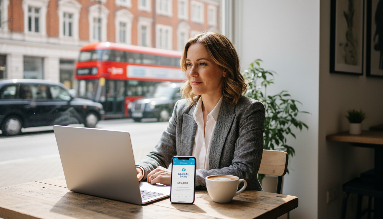 A professional expat sitting in a bright, modern London cafe with a laptop, a smartphone displaying a banking app interface, and a cup of coffee. The background shows a blurred city street with a red double-decker bus, representing a blend of business and the iconic UK lifestyle, high resolution, realistic style.