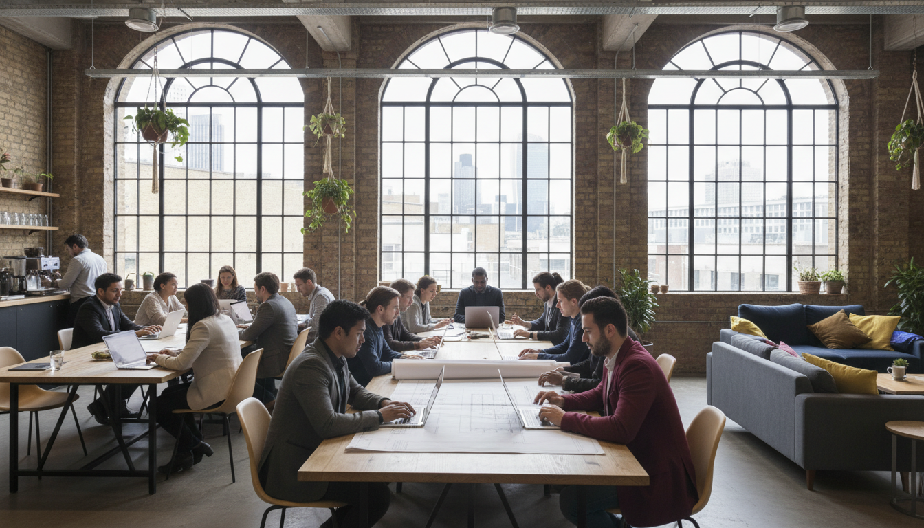 A wide-angle shot of a modern co-working space in Shoreditch, London, with entrepreneurs of diverse backgrounds working on laptops and collaborating over architectural plans, soft natural lighting through large industrial windows.