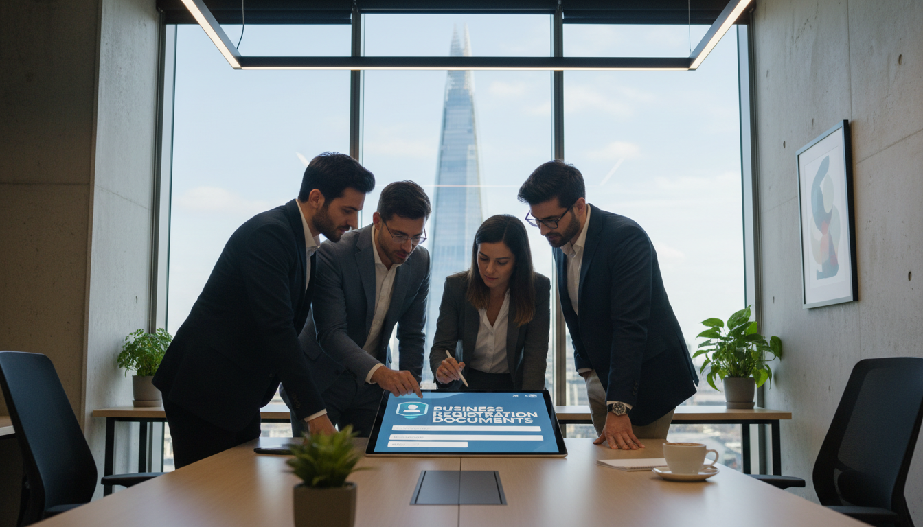 A professional modern office setting in London with a view of the Shard through the window, featuring a diverse group of entrepreneurs looking at a digital tablet showing business registration documents, high-quality photography, bright natural lighting.