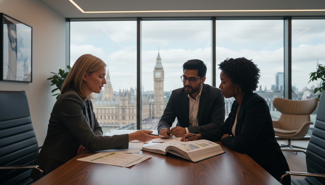 A professional accountant sitting in a modern office in London, discussing complex tax documents with a diverse couple, with the Big Ben and the London skyline visible through a large glass window, photorealistic, cinematic lighting, 8k resolution