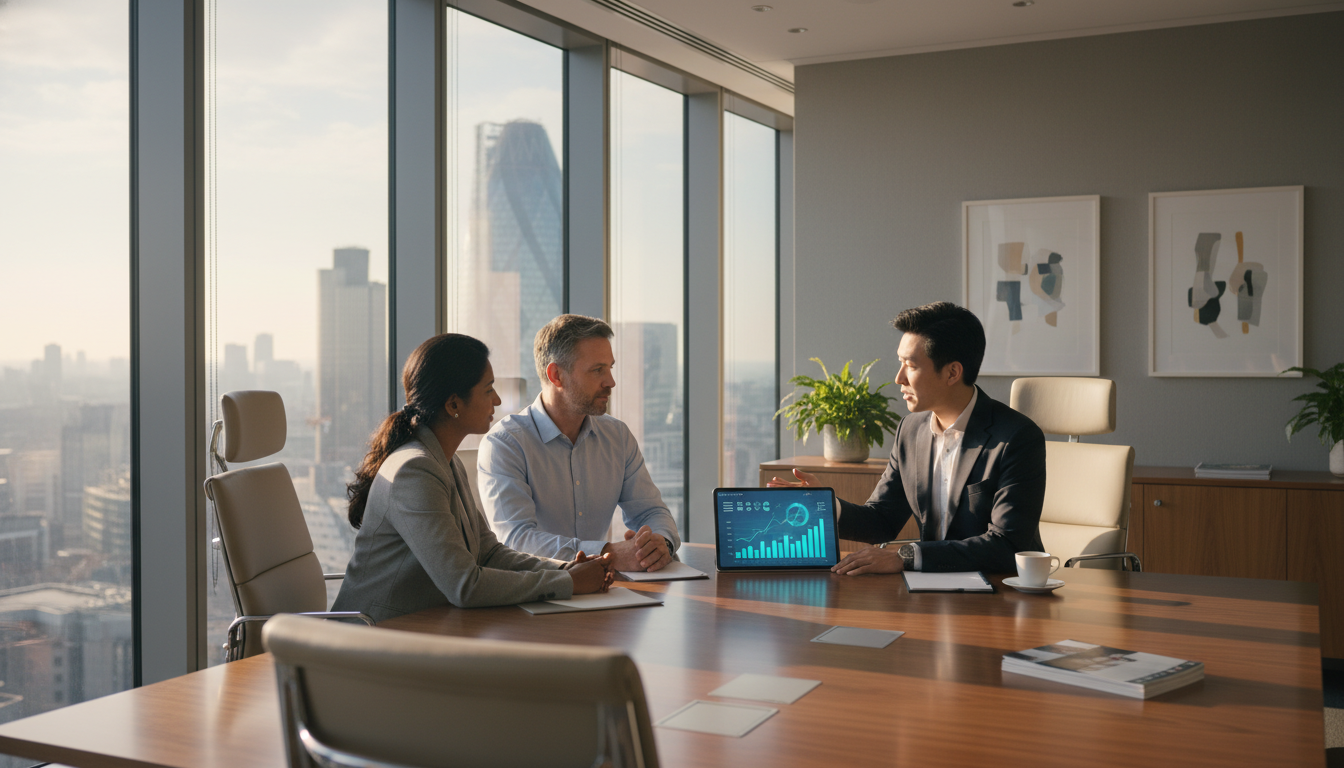 A professional, modern office setting in a London skyscraper with floor-to-ceiling windows overlooking the Gherkin and the City skyline. A diverse couple in their 40s is sitting across from a professional financial advisor who is pointing at a digital tablet showing growth charts. The atmosphere is calm, sophisticated, and trustworthy, with warm morning sunlight filtering through the glass.