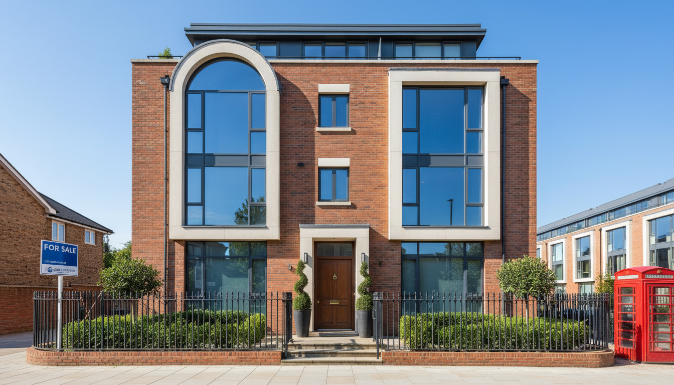 A high-quality, professional photograph of a modern British townhouse with a 'For Sale' sign, set against a bright, clear sky, symbolizing real estate opportunities in the UK for international buyers.