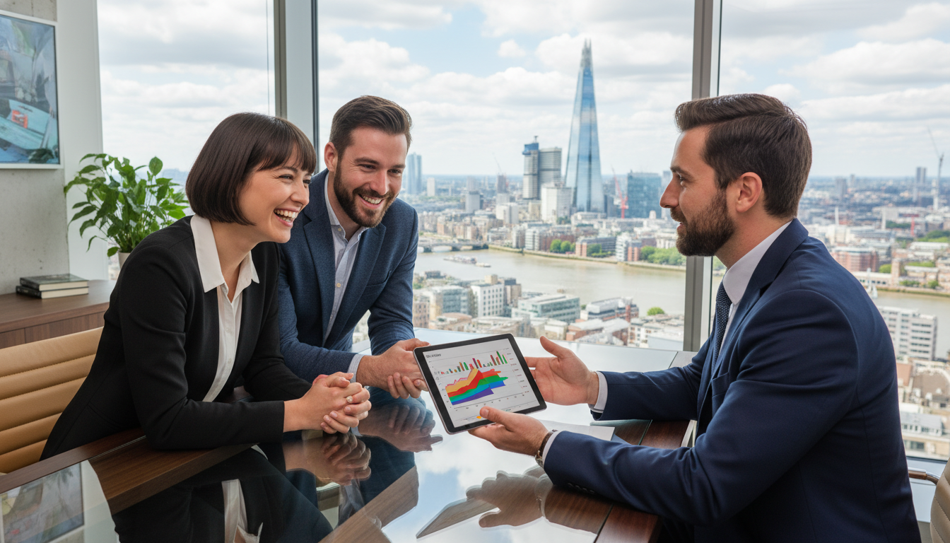 A professional tax consultant sitting in a sleek, modern London office with a panoramic view of the Shard through the window, explaining a complex financial chart on a tablet to an expatriate couple who look relieved and engaged.