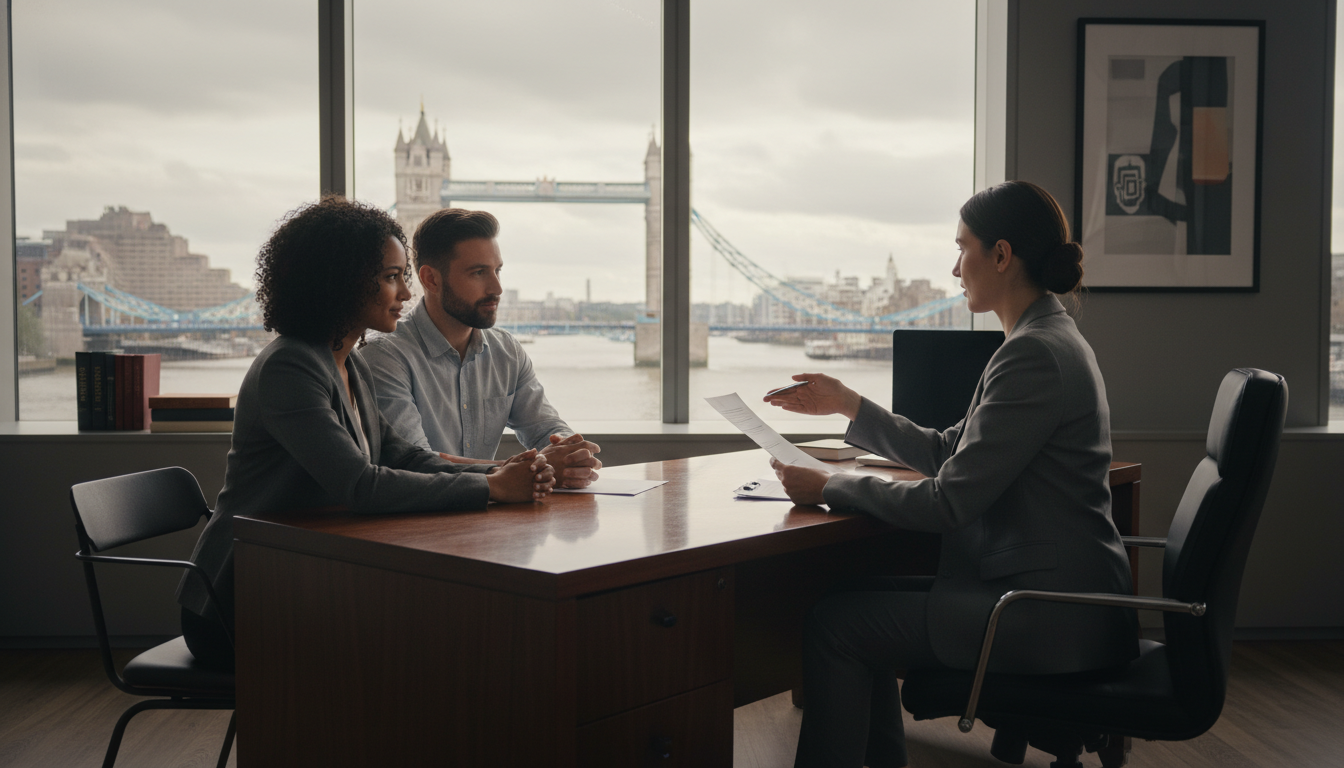 A professional immigration lawyer in a sleek London office, holding a consultation with a diverse expat couple, with a view of the Tower Bridge visible through a large window, cinematic lighting, 8k resolution, photorealistic style