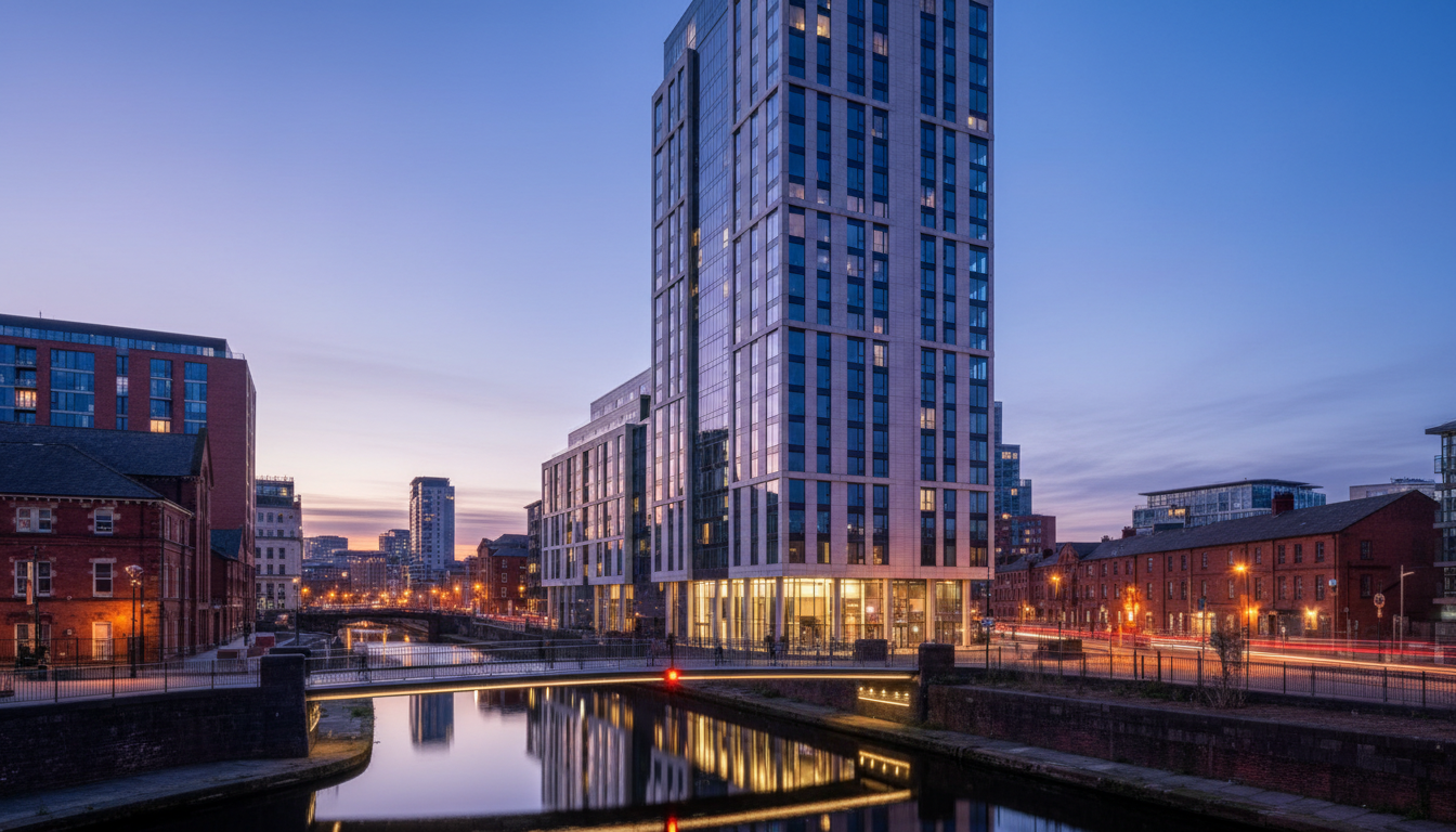 A modern high-rise luxury apartment complex in Manchester city center, overlooking the canal at dusk, with glowing lights from the windows and a sleek glass facade, architectural photography style.