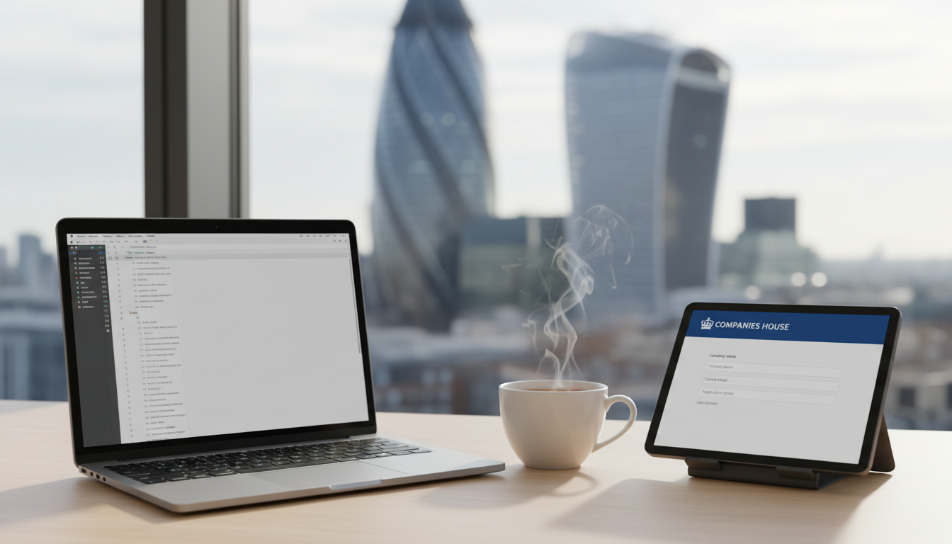 A professional, minimalist desk setup featuring a MacBook Pro, a cup of Earl Grey tea, and a digital tablet showing the UK Companies House registration portal, with a blurred London skyline in the background including the Gherkin building, high-resolution photography style.