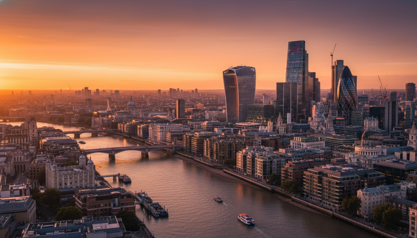 A modern high-rise office building in the London City district during sunset, overlooking the River Thames with a mix of historical and futuristic architecture, cinematic lighting.